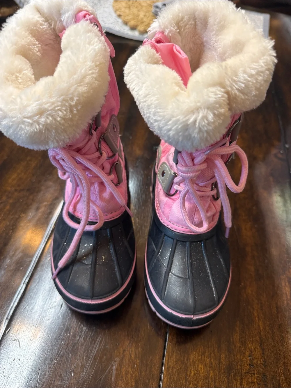 Kids Pink Winter Lace-Up Boots with Faux Fur